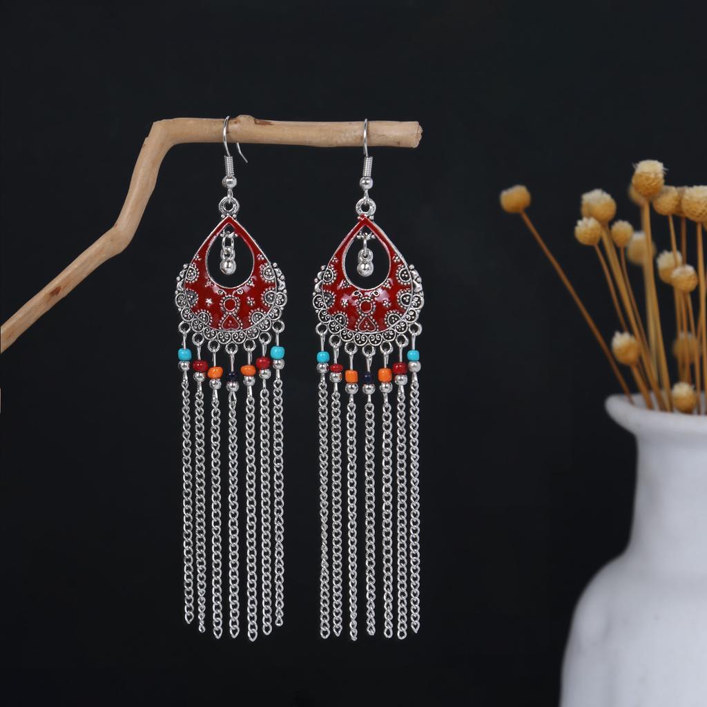 Turquoise Earrings, Bohemian Palm Owl Bronze Engraved Geometric Dream Catcher Feathers Fringed Earrings