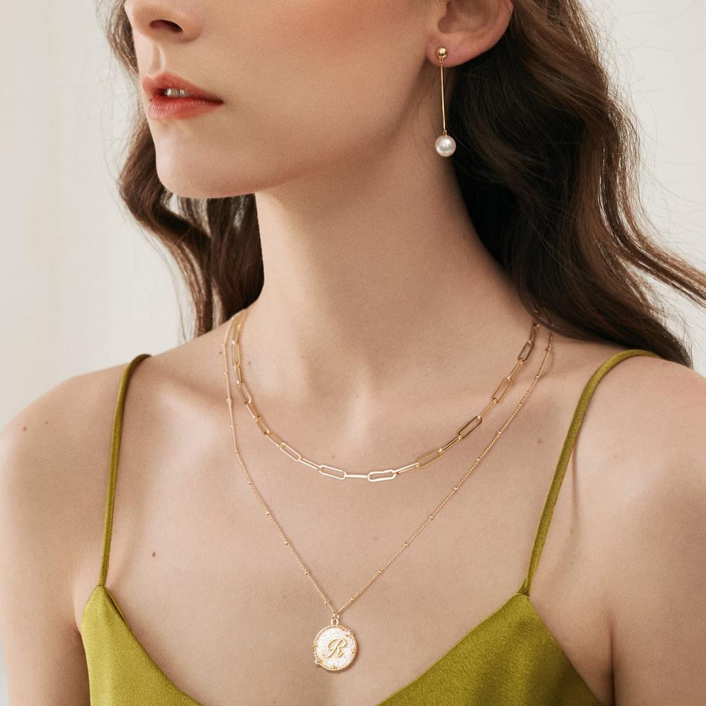 MTMY Layered Initial Necklace Set Gold CZ Initial Pendant 14k Plated Dainty Paperclip Link Chain Choker Personalized Jewelry Birthday Gift for Women T