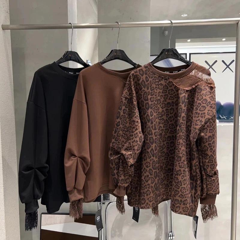 Tops for Women Long Sleeve Shirts Leopard-Print Lace Oversize Casual Shirt Loose Blouse Pullover Tops