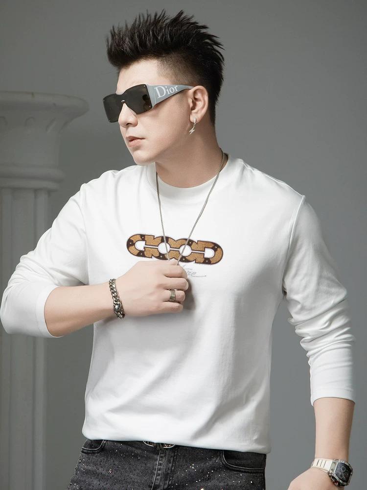 European-Style Long-Sleeve T-Shirt for Men, Autumn 2025 New Trendy Brand Letter Print Rhinestone Base Shirt, Men's Crew Neck Top