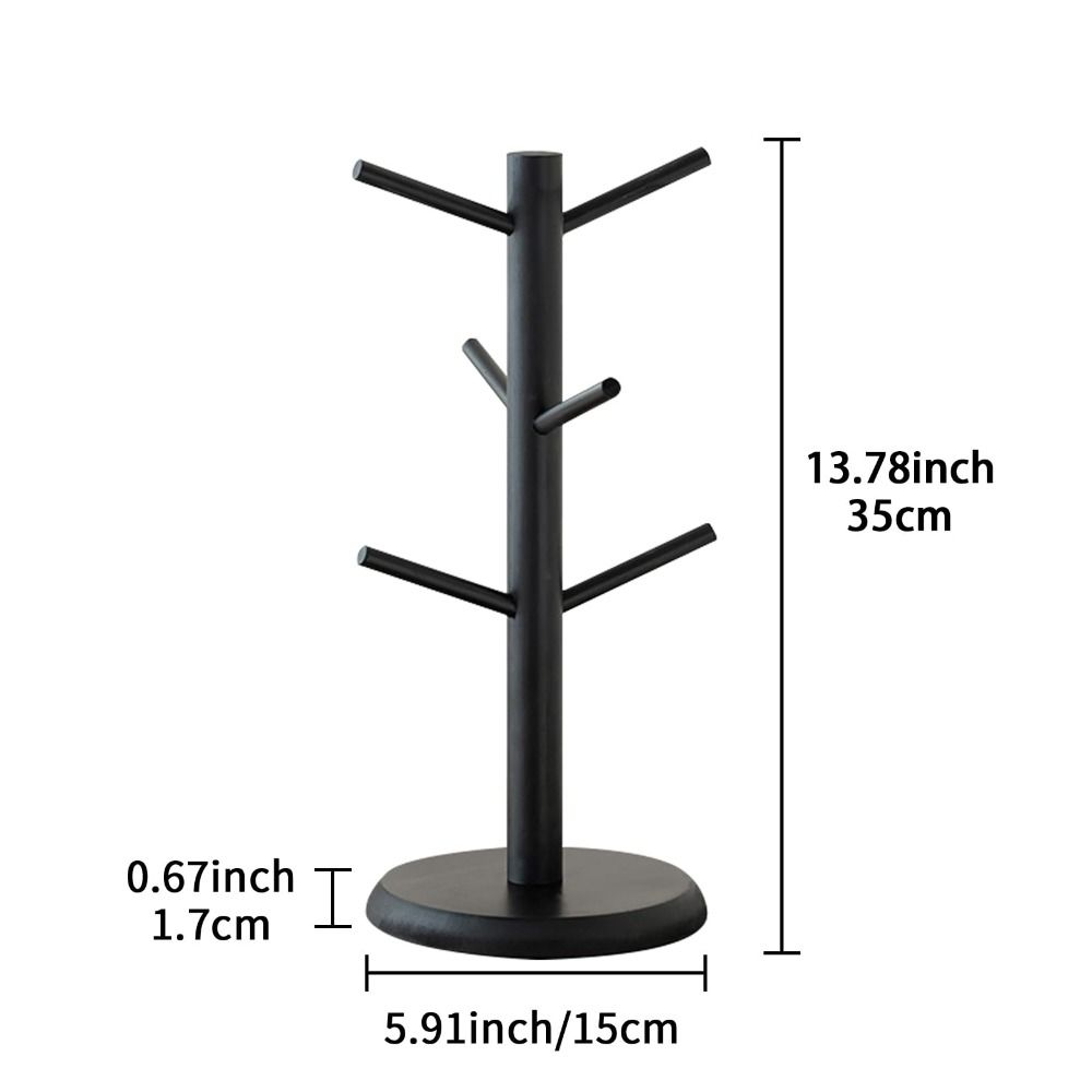 6 Hooks Bamboo Coffee Cup Holder Thickened Base Tree Shape Coffee Cup Rack Sturdy Design Wood Material Cup Storage Holder