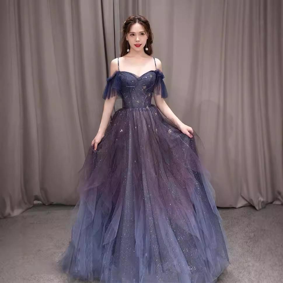 One-word collar hanging dress 1011 new dress with stars and moon engagement dress toast dress long banquet evening dress