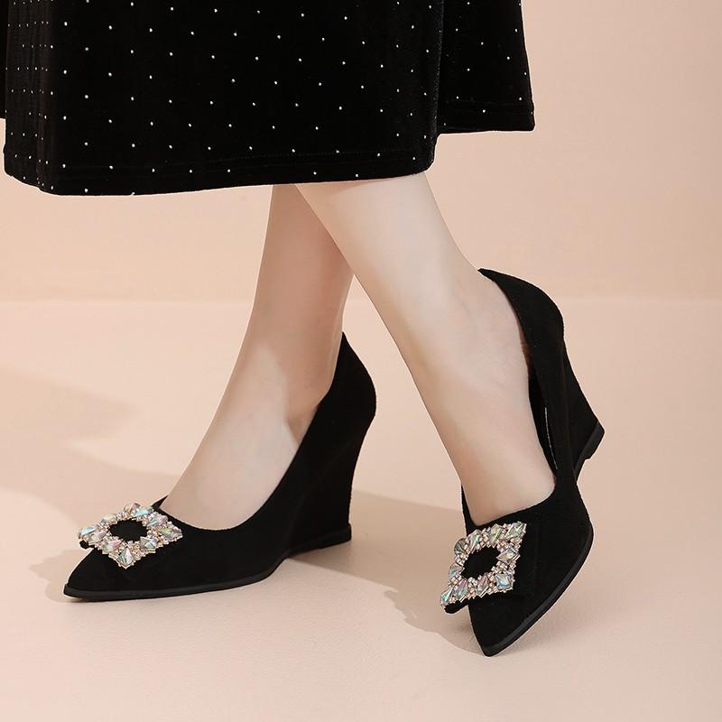 2025 autumn new slope heel single shoes women's black high heels rhinestone square buckle versatile pointed professional work shoes
