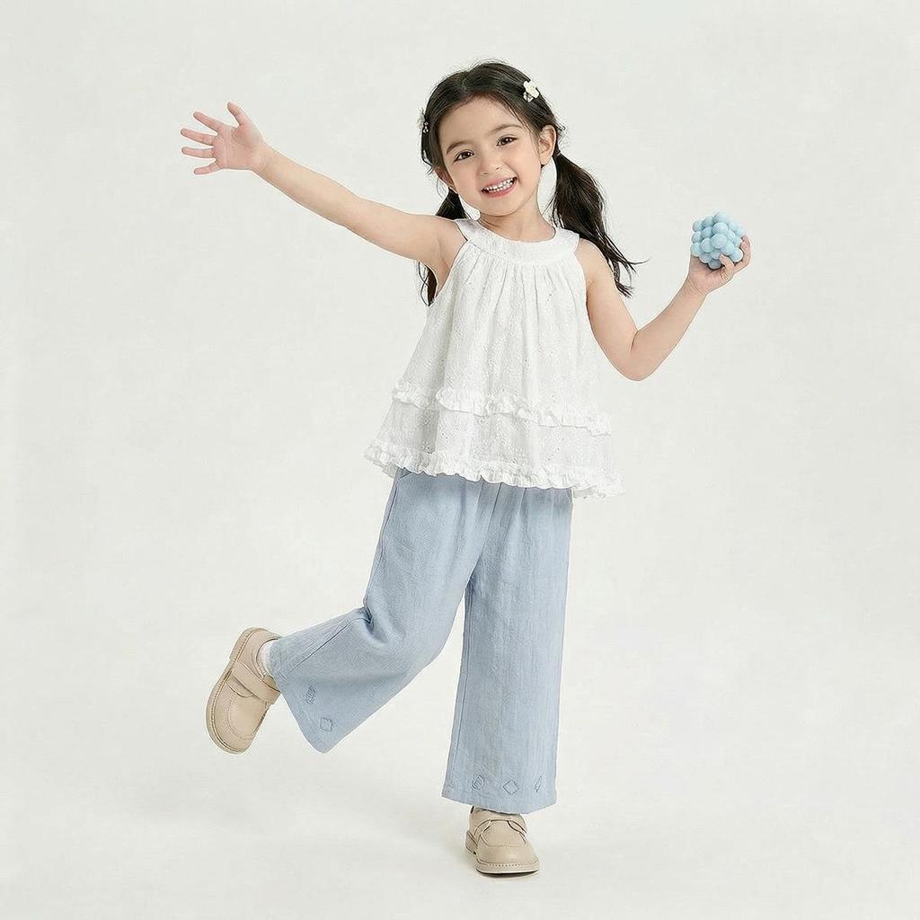 Girls' Summer Cute Embroidered Lace Halter Tank Top & Wide-Leg Pants Set