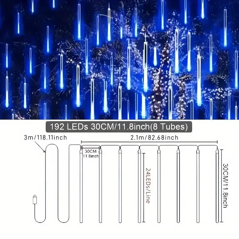 192 LED EU Powered Fairy Lights Dynamic Meteor Shower & Ice Strip String for Christmas New Year Perfect for Home & Yard Decor
