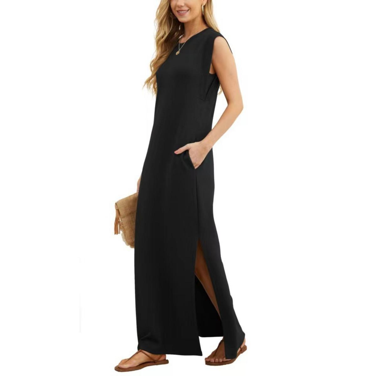

New Summer Women s Casual Solid Color Crew Neck Sleeveless Loose Long Midi Dress S чёрный