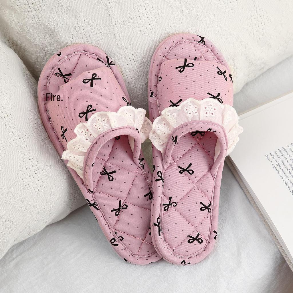 Korean Style Handmade Cotton Bow Soft Sole Indoor Slippers