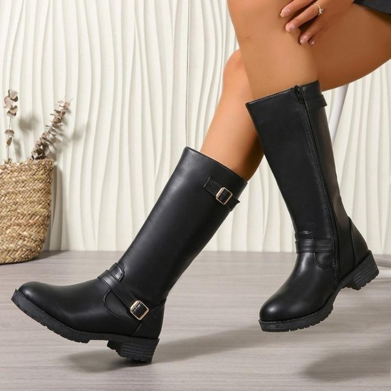 Nuevas Botas Largas de Tacón Medio para Mujer con Hebilla de Cinturón Calzado de Tallas Grandes