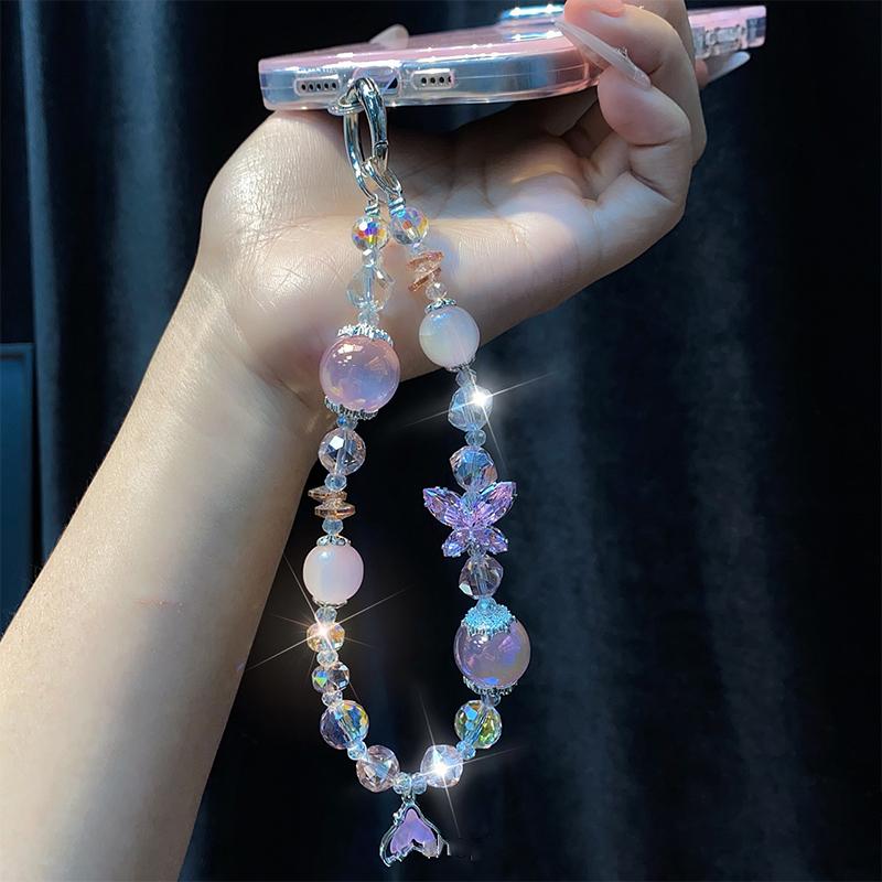 Ins Style Mermaid Pendant Beaded Phone Charm Y2K  Butterfly Phone Chain Anti Lost Wrist Lanyard Keychain Gifts