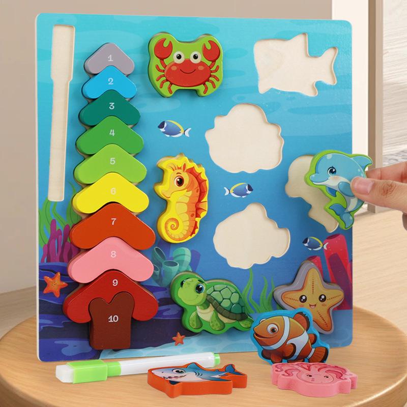 Double-Sided Wooden Animal Matching & Fishing Puzzle Toy for Early Education