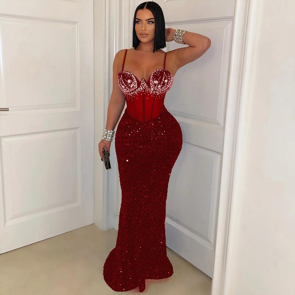CY901191 European and American Velvet Sequined Party Dress Dress Hot Diamond Suspender Dress Hip-wrapped Long Dress Women