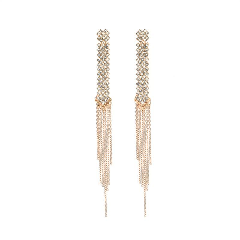 Elegant Long Tassel Earrings With Rhinestone Accents Gold Black Zinc Alloy Geometric Statement Jewelry Women Evening Party Gold