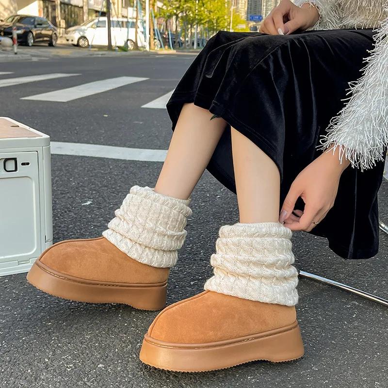 2024 Winter New Knitted Socks Snow Boots Fashion Thick Soles Warm and Velvet Non-slip Wearing Cotton Shoes Women