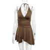 Womens Deep V-Neck Halter Backless Wrap Tie Dress With Ruched Detail Asymmetrical Hem