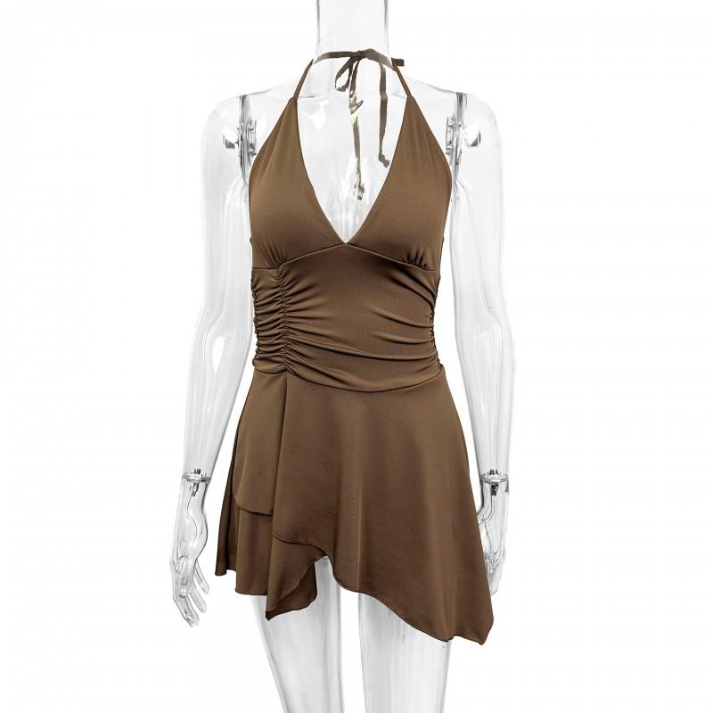 Womens Deep V-Neck Halter Backless Wrap Tie Dress With Ruched Detail Asymmetrical Hem
