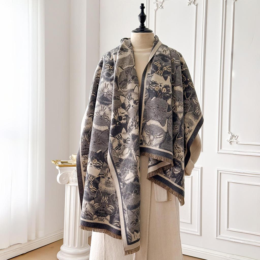 Women'S Winter Fashion Warm Cat-Patterned Faux Cashmere Poncho - Thick Pashmina Shawl Wrap
