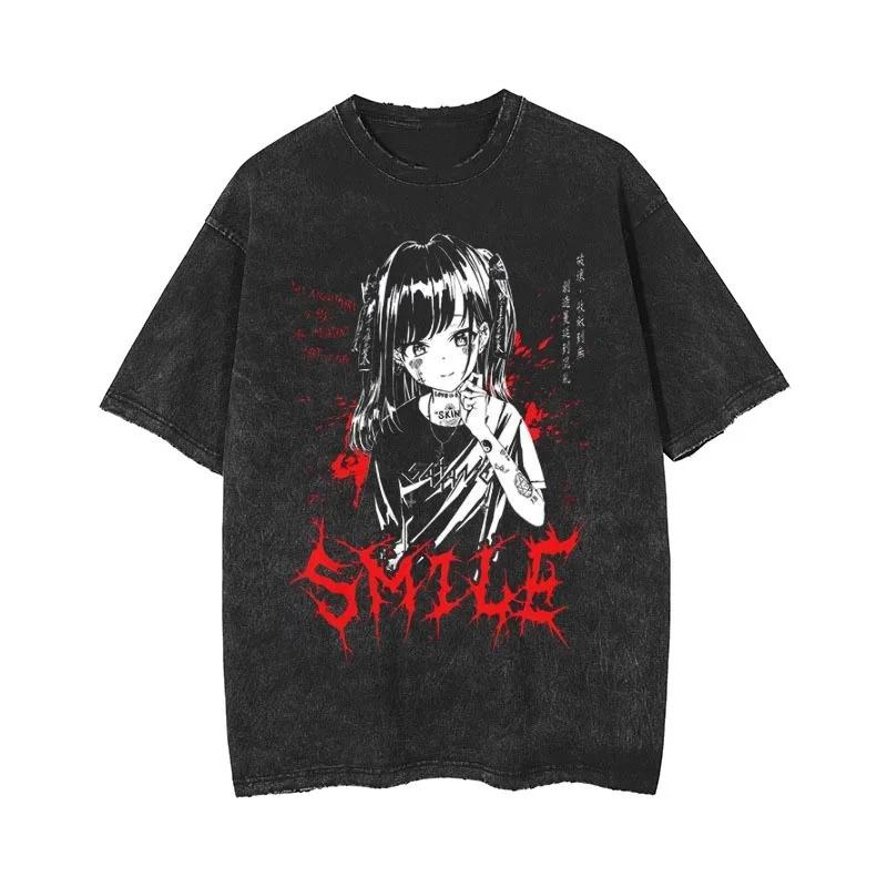 Anime Heren Gothic Printed Washed T-Shirts Women Summer Harajuku Casual Loose Retro Round Neck Short Sleeve Tops T-shirt