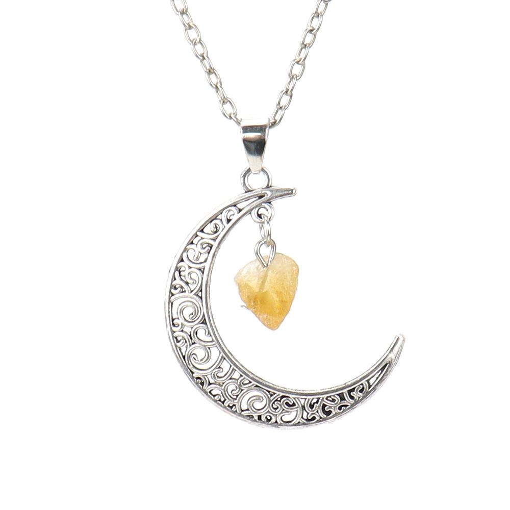 Hollow Moon Natural Rough Stone Crystal Pendant Necklace Amethyst Pendant Couple Necklace N597