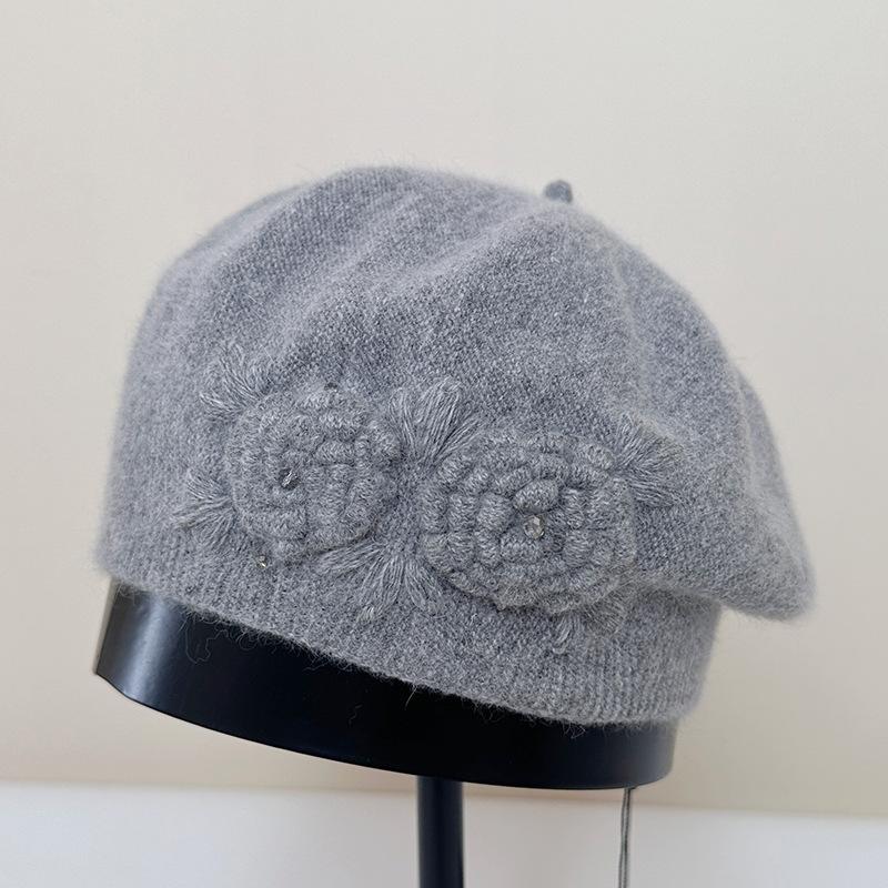 Autumn and Winter Hat Femininity Sweet Headhat Flower Rabbit Velvet Knitted Beret,Winter Hats for Women, Beanies for Women, Hats for Women Winter