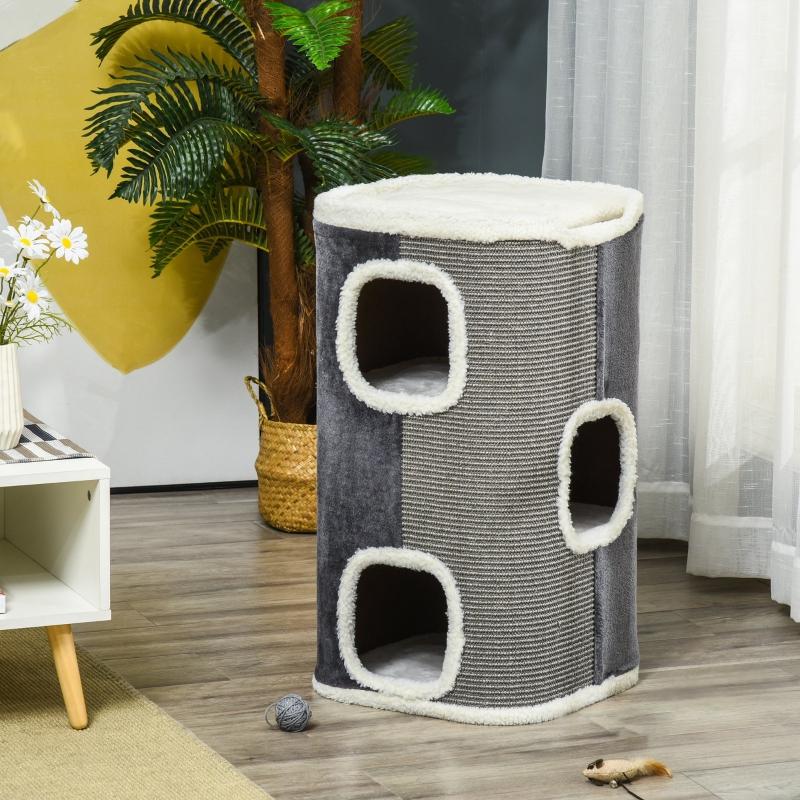 Cat tree scratching barrel with 3 levels, chipboard, velvety polyester, sisal, grey+white, 40x40x74cm