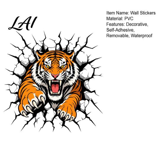 Easy Apply Wall Coverings 3D Tiger Stickers Peel And Stick Roaring Decals Removable PVC Vinyl Stickers Art Mural Decor Realistic Cracked