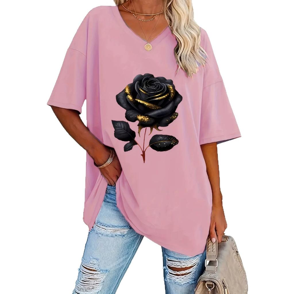 1116 European and American new summer large size rose print casual V-neck short-sleeved T-shirt