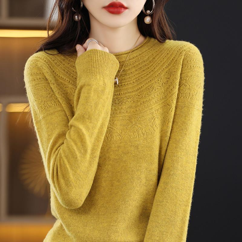 Women's Wool Sweater: Autumn & Winter Loose Knit, Half-High Collar, Hollow-Out Design, Rolled Hem.