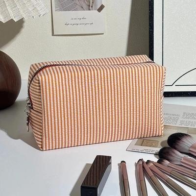 Simple Zipper Travel Cosmetics Bag Large-Capacity Striped Makeup Storage Bag Organizer Desk Pencil Box Travel Use
