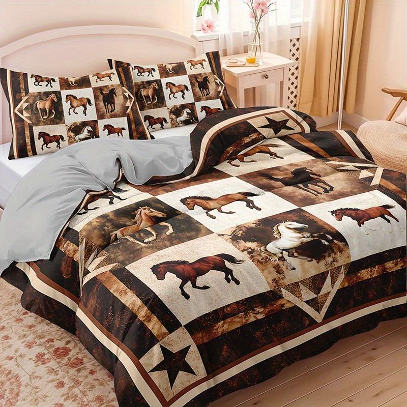 3pcs Brown Horse Ranch Bedding Duvet Cover Set Western Horse Bedding Quilt Set Rustic Horse Themed Bed Quilt Set Patchwork Horse