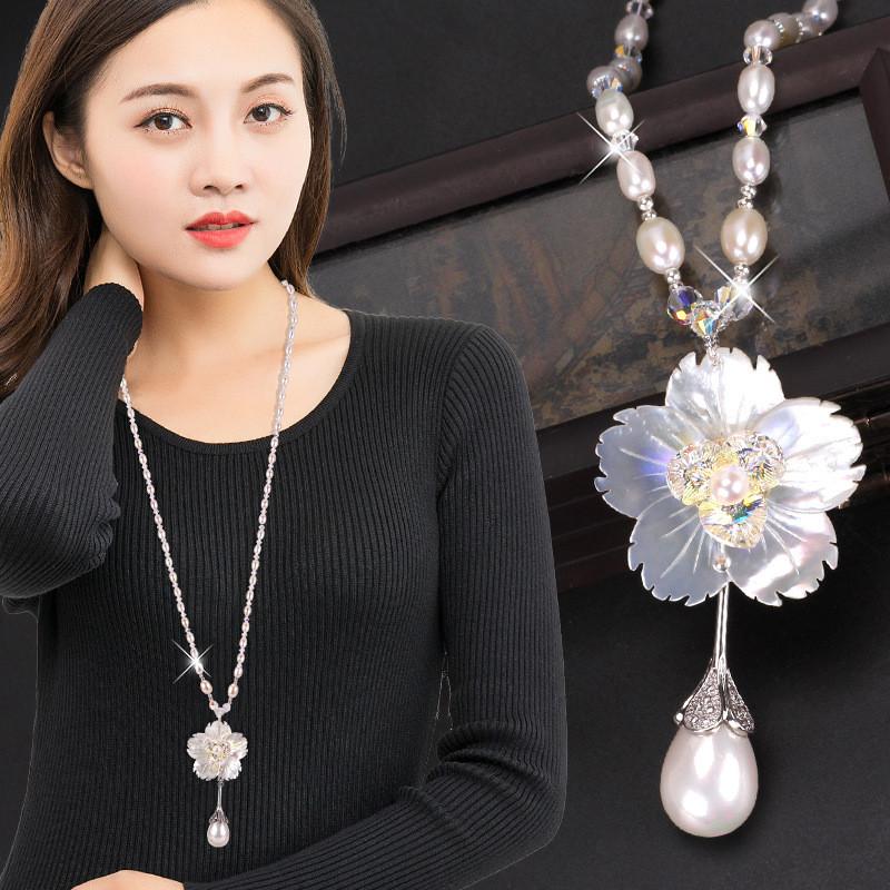 Pearl Necklace For Women Long Floral Pendant With Shell Material For Fashion Jewelry