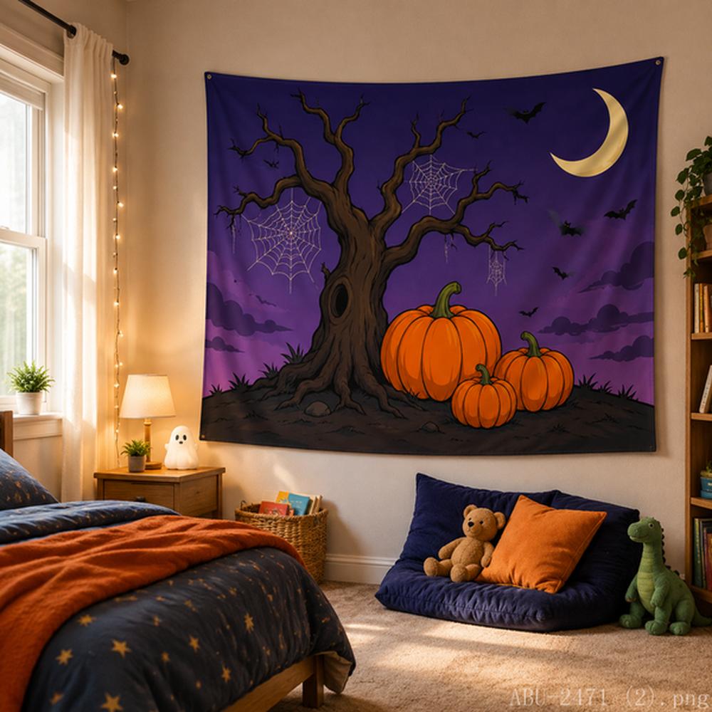 Purple Halloween Tapestry Lit Pumpkin Crescent Moon Spiderweb Bats Room Decor