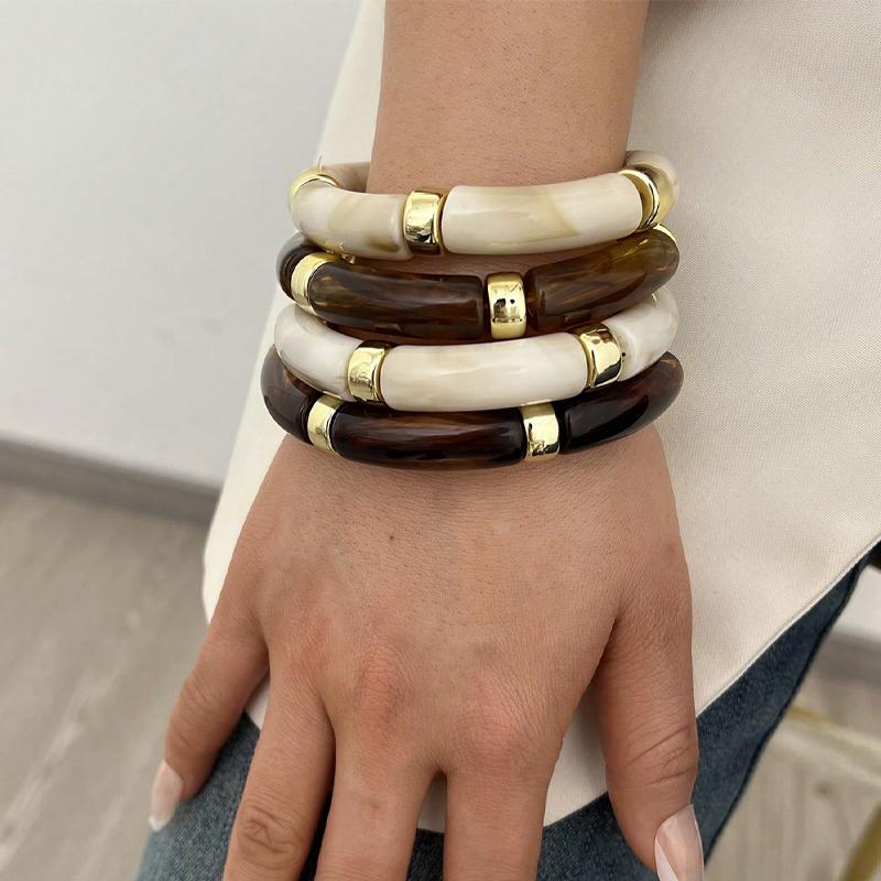 4 Pcs Bamboo Tube Resin Bracelet Set For Women Acrylic Curved Tube Bracelets Plated Stackable Wristband Trendy Boho Jewelry