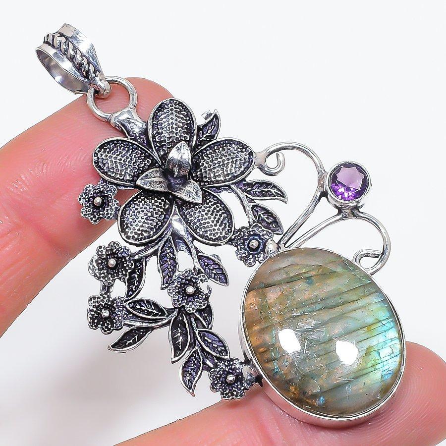 

Natural Labradorite, Amethyst 925 Sterling Silver Jewelry Pendant 2.88 Q8m84