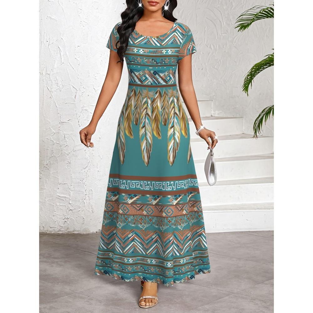 

European and American vacation style women s printed round-neck loose dress 6XL
