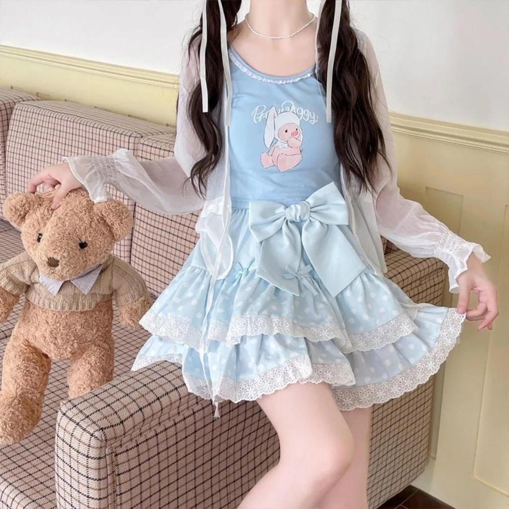 Vintage Harajuku Lolita Style Mini Skirt Women Kawaii Polka Dot Bow Lace Cake Pink Skirt Gothic Cute Sweet Schoolgirl Y2k Skirts