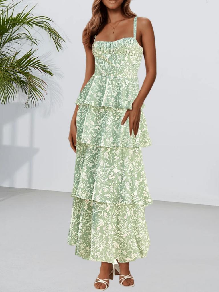 Women's Floral Maxi Dress Spaghetti Strap Ruffle Tiered Sleeveless Summer Dress