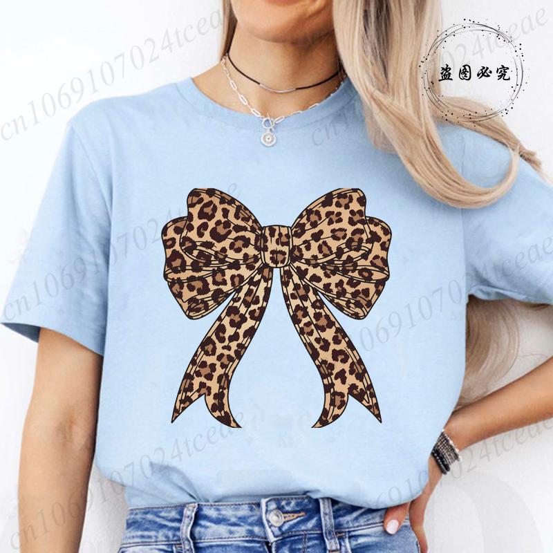 Coquette Bow Leopard Pattern Print TShirts Casual Summer Womens Short Sleeve TShirt Women Clothing Vintage Clothes Y2k Top