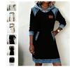 Women Denim Spliced Hooded Sweatshirt Dress Long Sleeve Pocket Patchwork Casual Loose Hoodie Dresses For Daily Wear