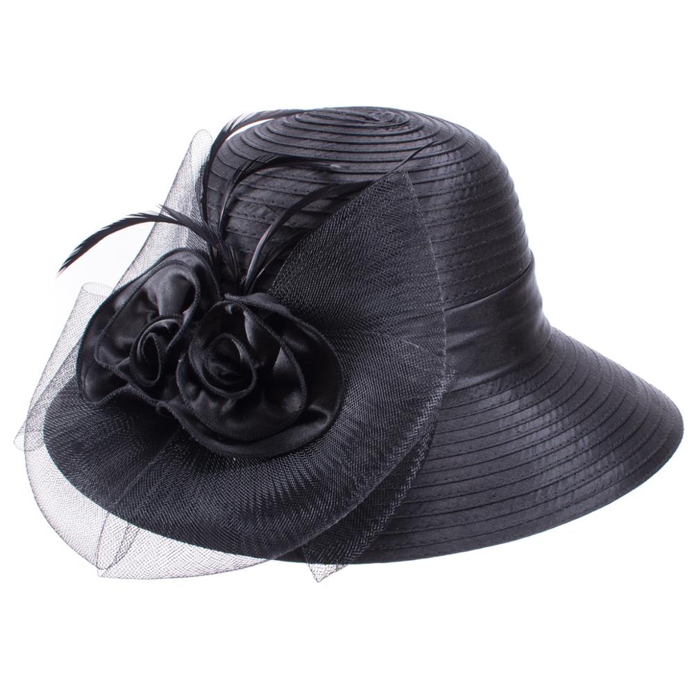 

Lawliet UV Protection Sun Hats for Women Satin Ribbon Feathers Floral Wide Brim Hats Kentucky Derby Church Tea Party Dressy A433 чорний