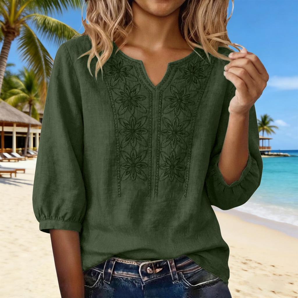 Women's Casual O-Neck Button Down Shirt Color 3/4 Sleeve Hem Split Cotton Blouse