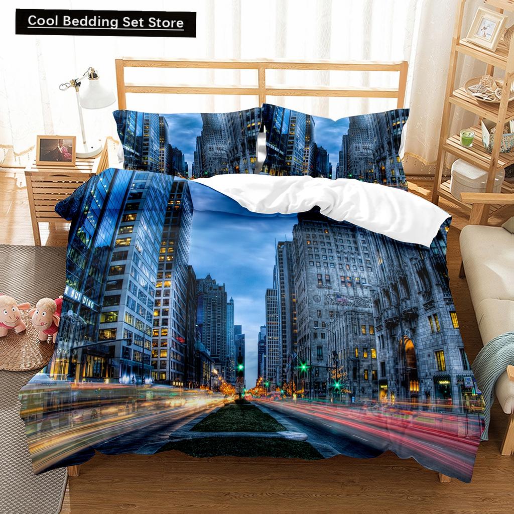 Comforter Cityscapes King Queen Tall Buildings Landscape Bedding Set Busy Traffic View Polyester Comforter