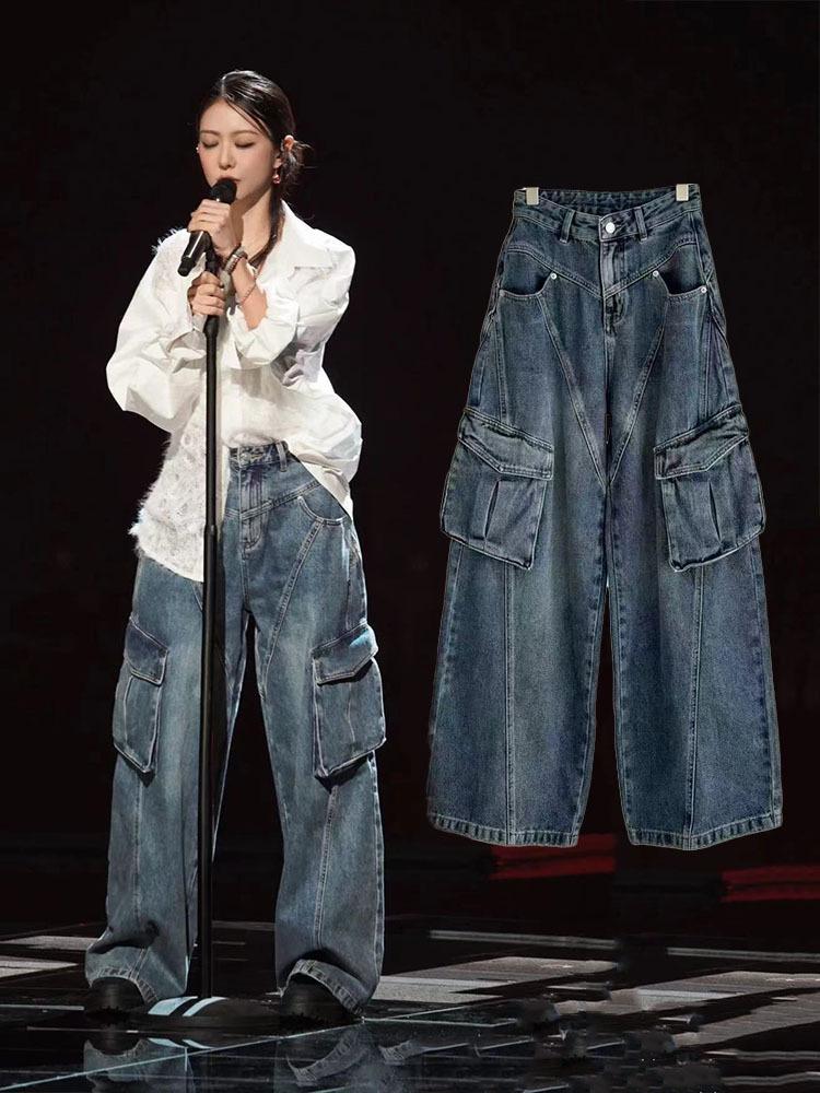 American Retro Multi-Pocket Workwear Women s Wide-Leg Jeans - Wang Xinling & Xue Kaiqi Style Medium
