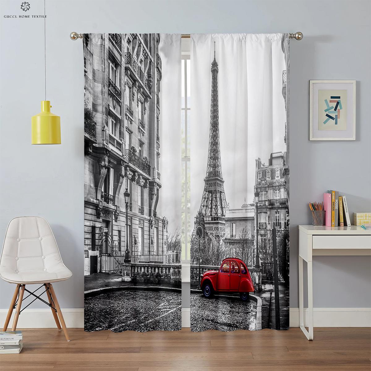 

Американская ретро-архитектура 3D-печать занавесок, черно-белая, красный почтовый ящик, спальня, гостиная, кабинет, декоративная, 2 шт. W50xH130(CM)x2PCS&Grommet Top