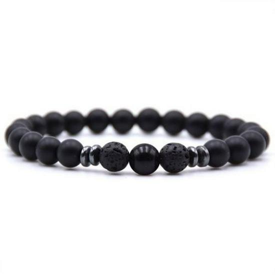 Women's Energy Yoga Bracelet: 8mm Frosted Black Volcanic, Amber & Weathered Stones