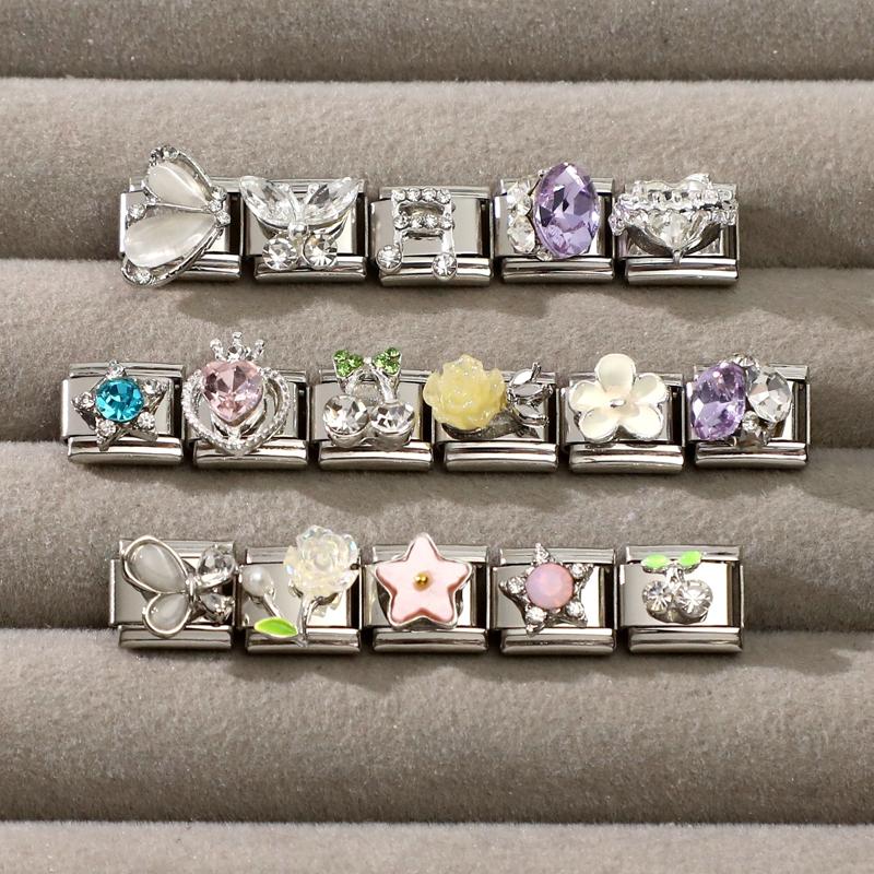 Zircone Brillante Farfalla Fiocco Cuore Link Charm Italiani Adatti per Bracciale in Acciaio Inossidabile da 9mm Gioielli da Donna Fai da Te Creazione Regali