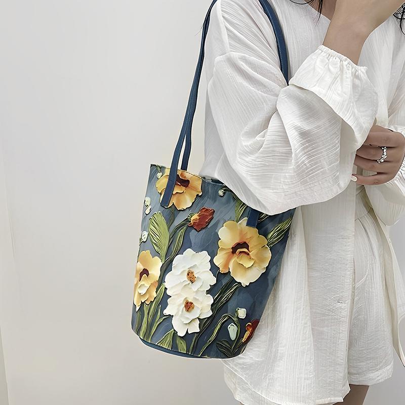 Floral Pattern Canvas Bucket Bag Women'S Shoulder Bag Casual Large Capacity Handbag