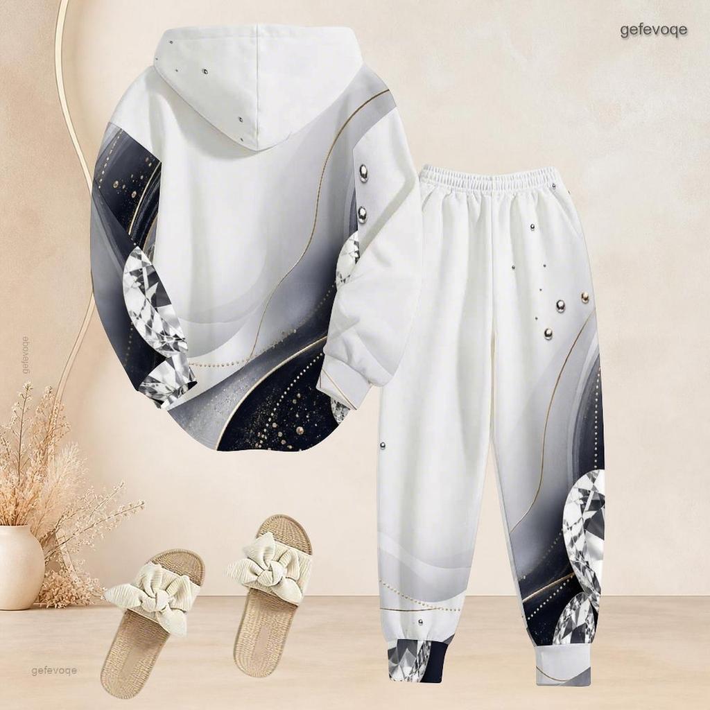 Women Plus Size Gem Heart Printed Two Piece Set Long Sleeve Hooded Top Cuffed Pants