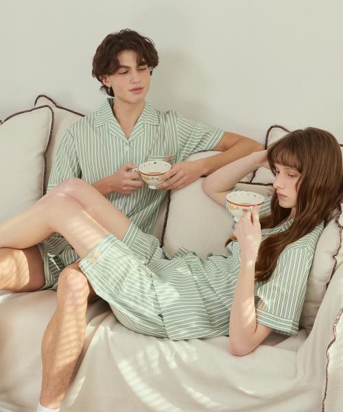 [Pink Zone] Blain Stripe Green Short-Sleeve Collar Pajama Set [Shipped from Korea] 100% Authentic