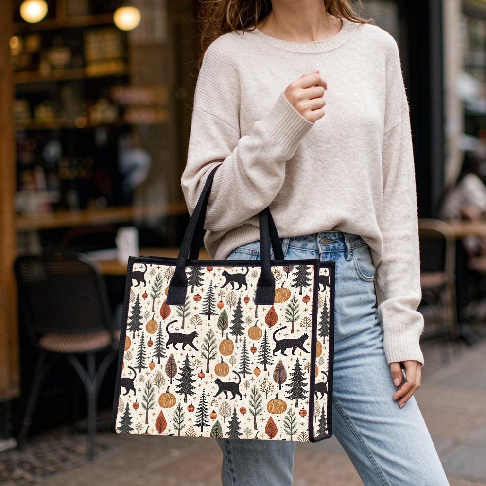 Autumn Cat Pumpkin Print Tote Bag Casual Large Capacity Shoulder Handbag for Daily Use