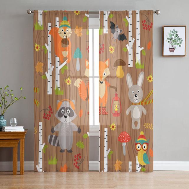 Herbstwald Cartoon Tier Hirsch Kaninchen Eule Fuchs Gardinen für Wohnzimmer Schlafzimmer Küche Tüll Fenster Voile Vorhänge